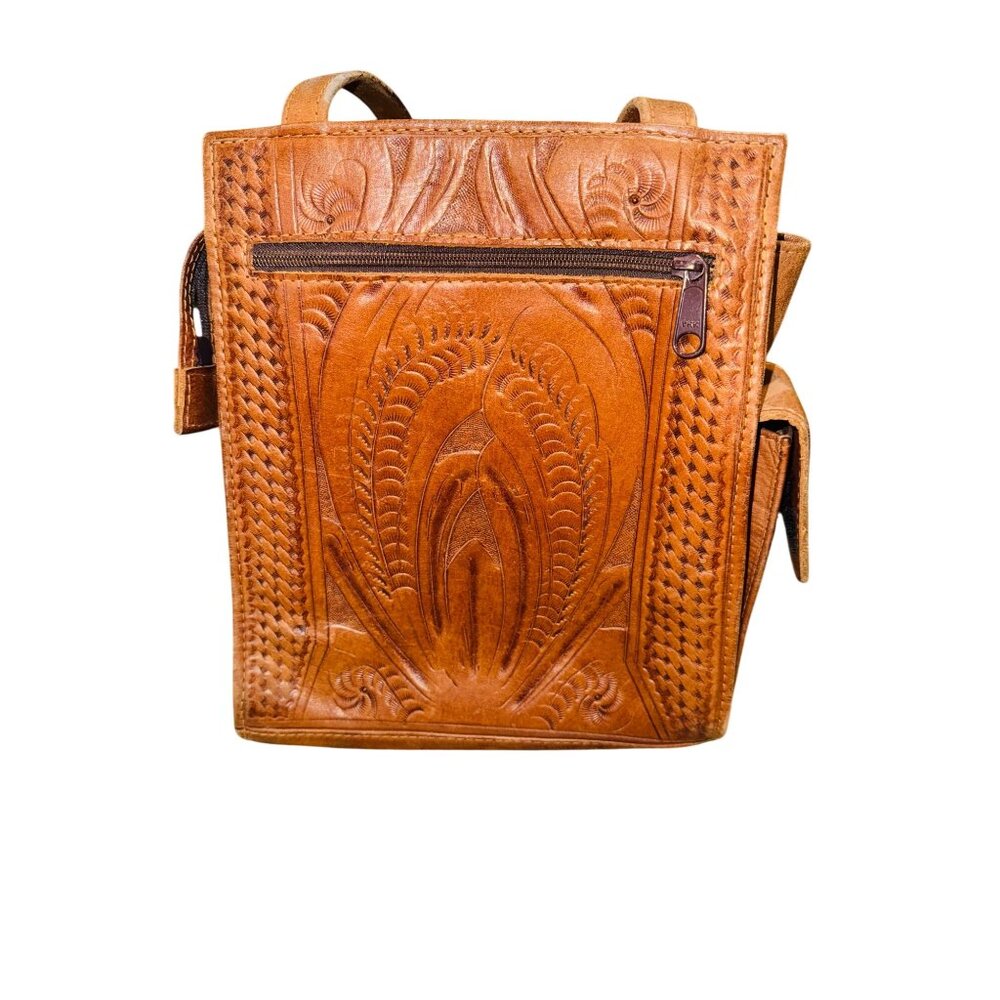 Vintage Handcrafted Congac Tooled Leather Shoulder Bag Floral Design Hippie